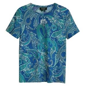 New Lauren Ralph Lauren Paisley Print T-Shirt Blue Green Cotton Summer Tee Med